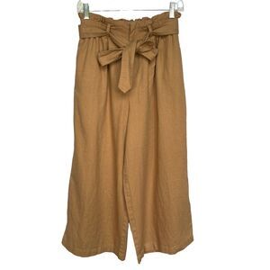Forever 21 Paperbag Pants Women Size M Brown Belted‎ Flax Linen Rayon Wide Leg